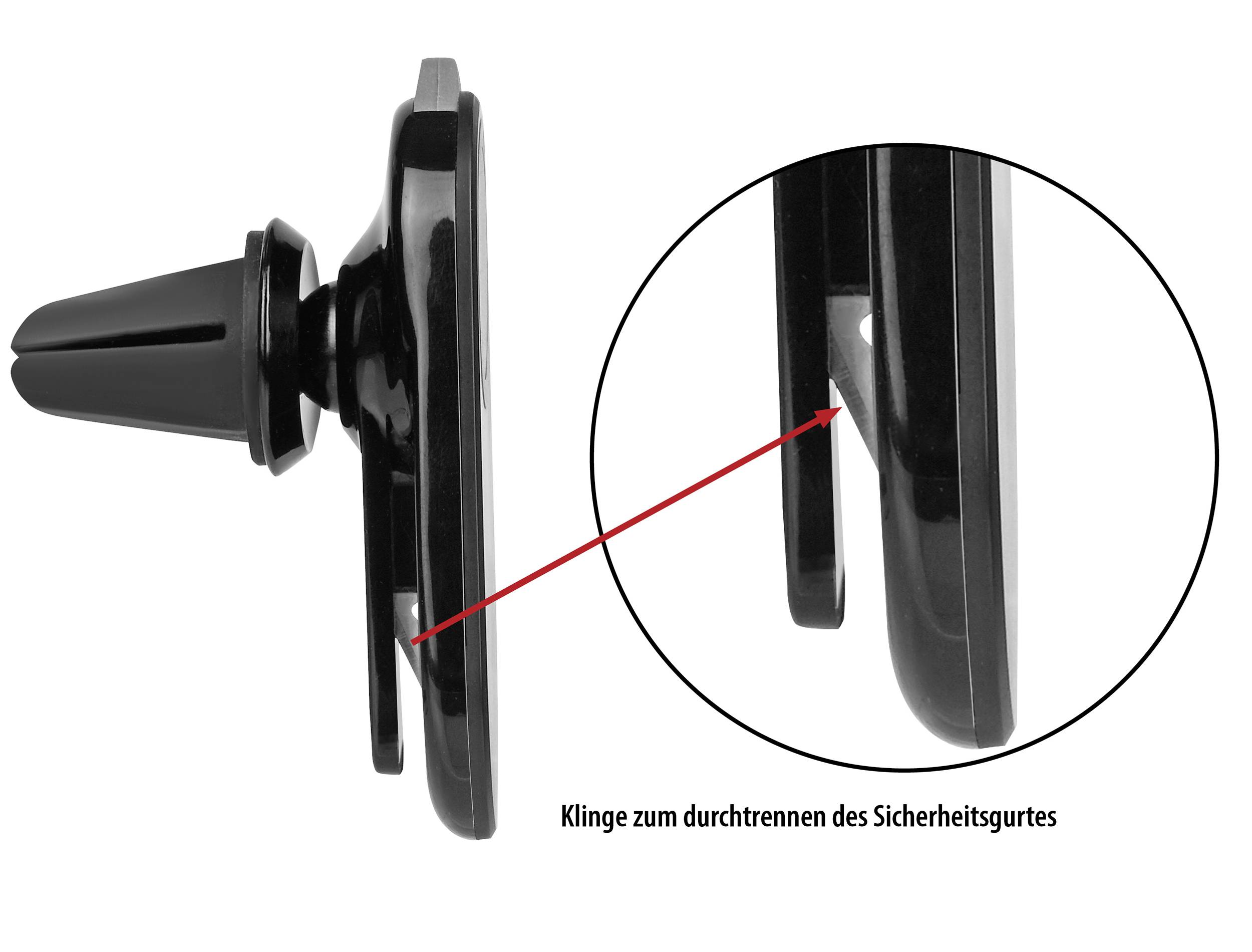 De afbeelding toont een zwart veiligheidshulpmiddel met een mes-inzetstuk in close-up. De tekst vermeldt: 'Mes om de veiligheidsgordel door te snijden'.