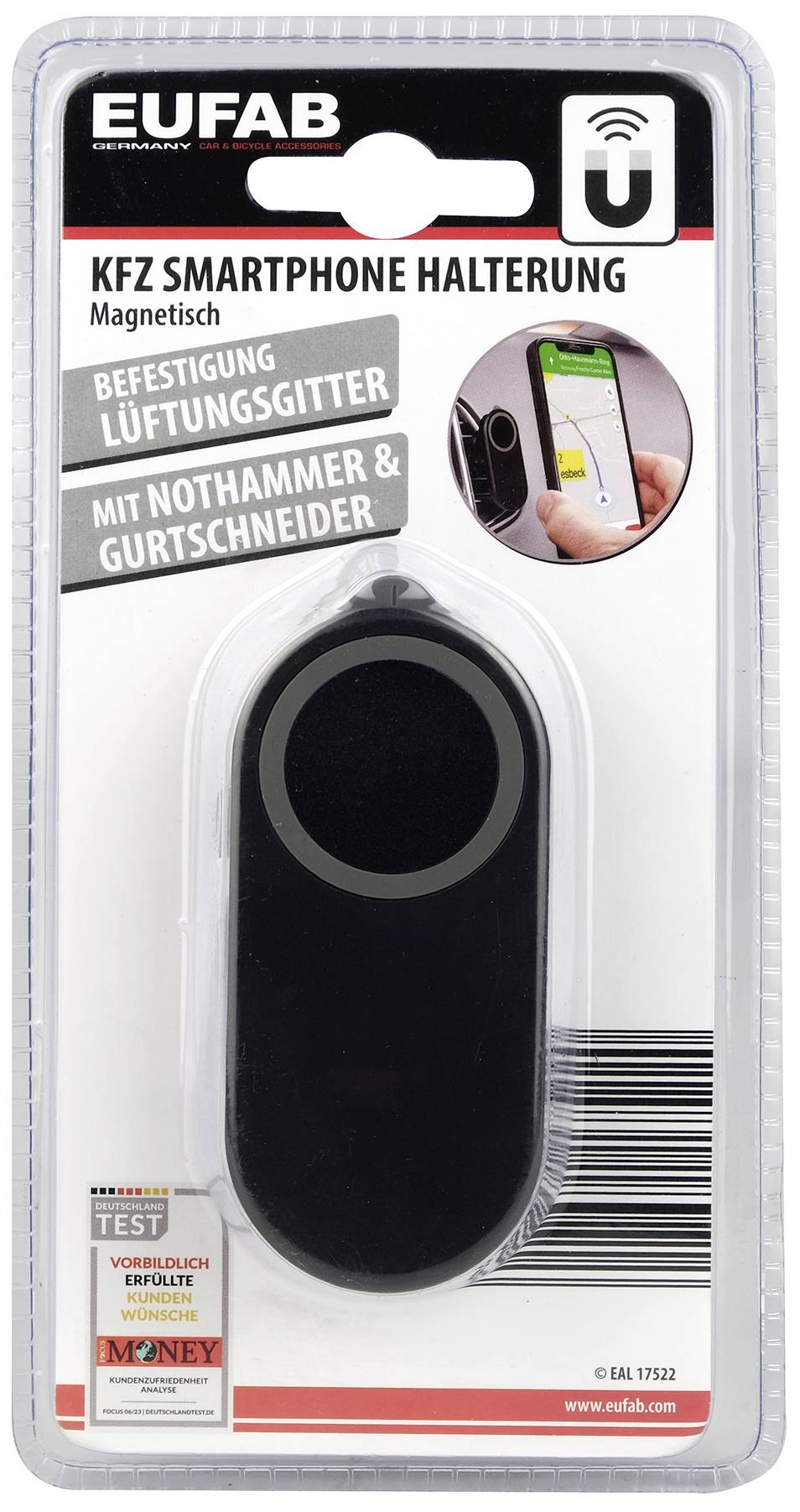 Verpakking van een magnetische autosmartphone-houder, te bevestigen aan het verluchtingsrooster, met noodhamer en gordeldoorsnijder.