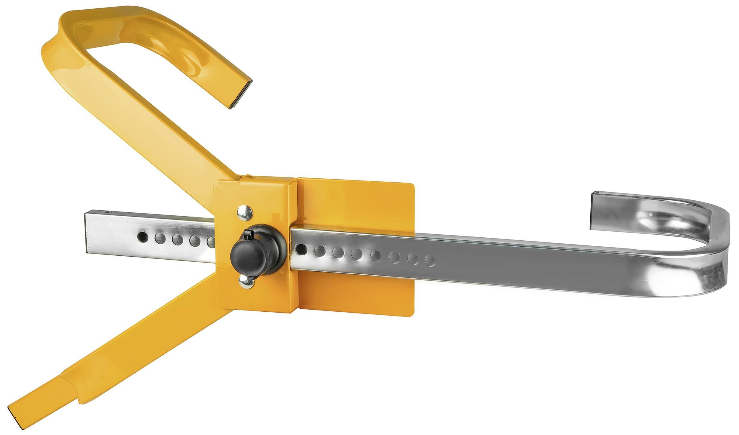 Een geel wielklemslot van metaal dat aan een wiel wordt bevestigd om de beweging van het voertuig te voorkomen.