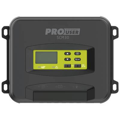 Een zwart elektronisch apparaat met display en bedieningsknoppen toont het logo 'PRO USER SCM30'. Aan de linkerkant bevinden zich bevestigingsoren.