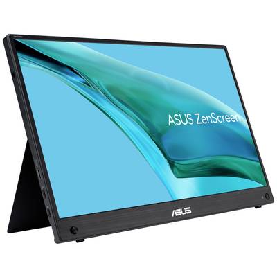 Een draagbare ASUS ZenScreen-monitor met een blauwe schermachtergrond, ondersteund door een standaard, weergegeven in zijaanzicht.