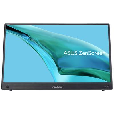 'ASUS ZenScreen' op een draagbare monitor met een blauw-groene achtergrond.