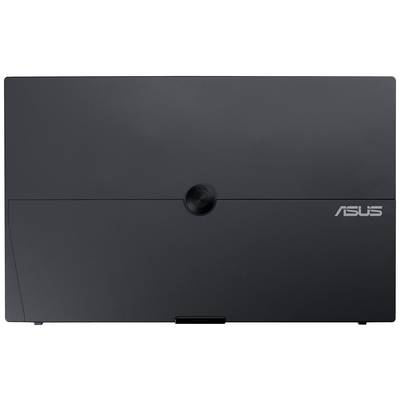 Laptophoes van zwart kunststof met een ronde knop in het midden. Aan de rechterkant is het Asus-logo in het wit zichtbaar.