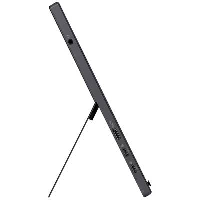 Zijaanzicht van een slanke tablet op een standaard met USB- en HDMI-poorten.