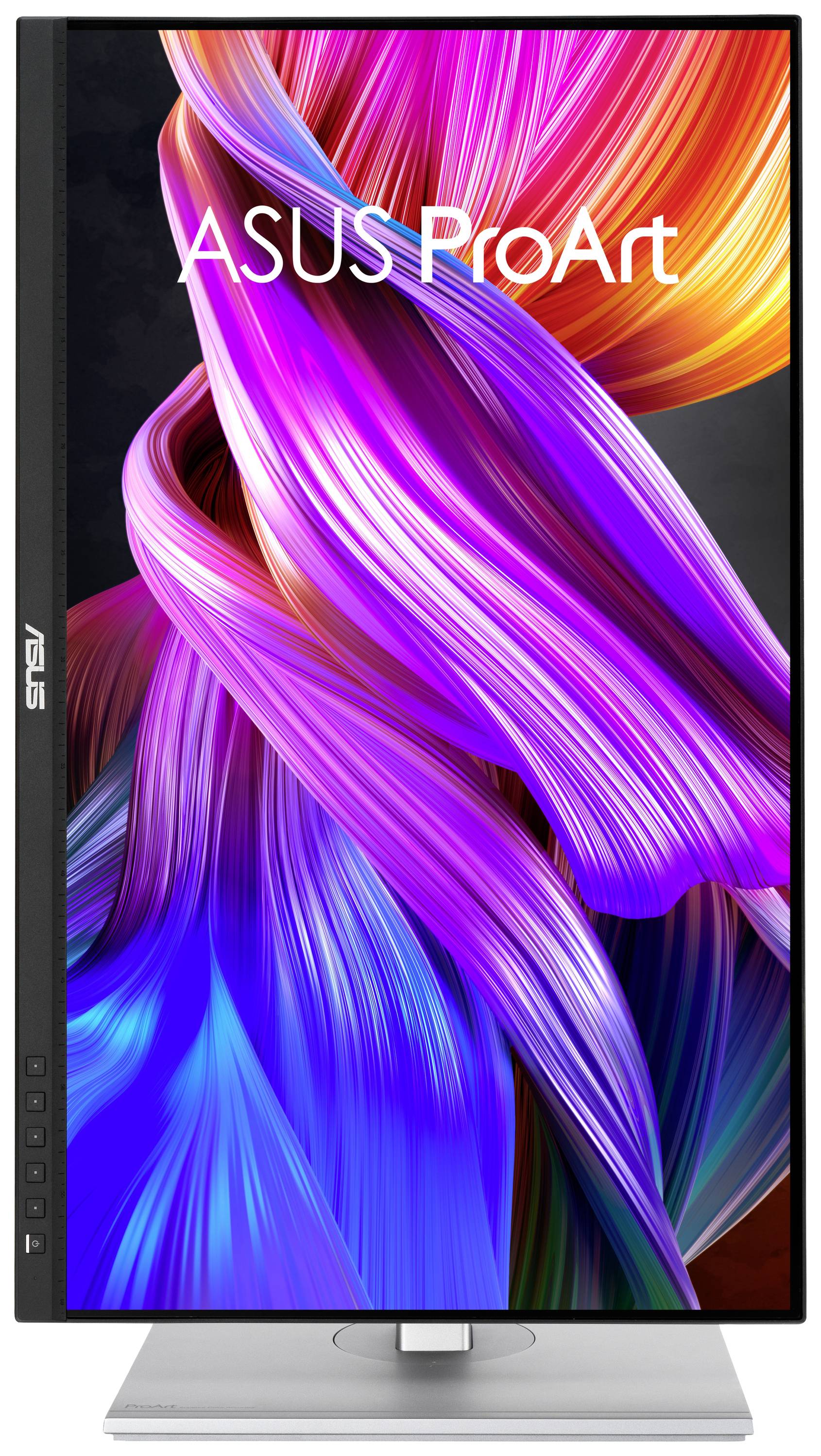 Een ASUS ProArt-monitor vertoont levendige, kleurrijke abstracte kunst op het scherm.