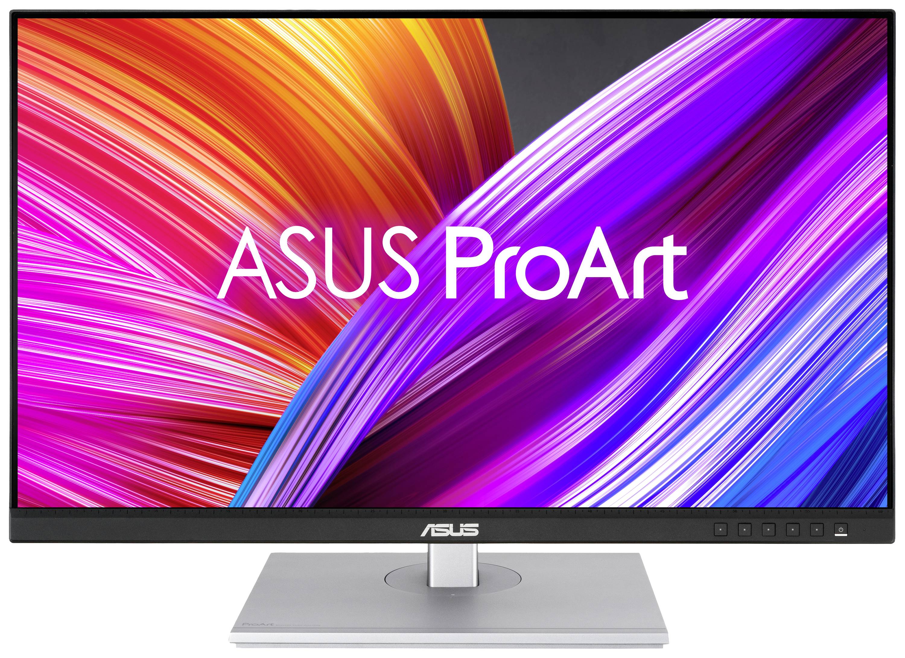Een computerscherm met het opschrift 'ASUS ProArt' op een achtergrond van kleurrijke, sierlijke lijnen in roze en paars.