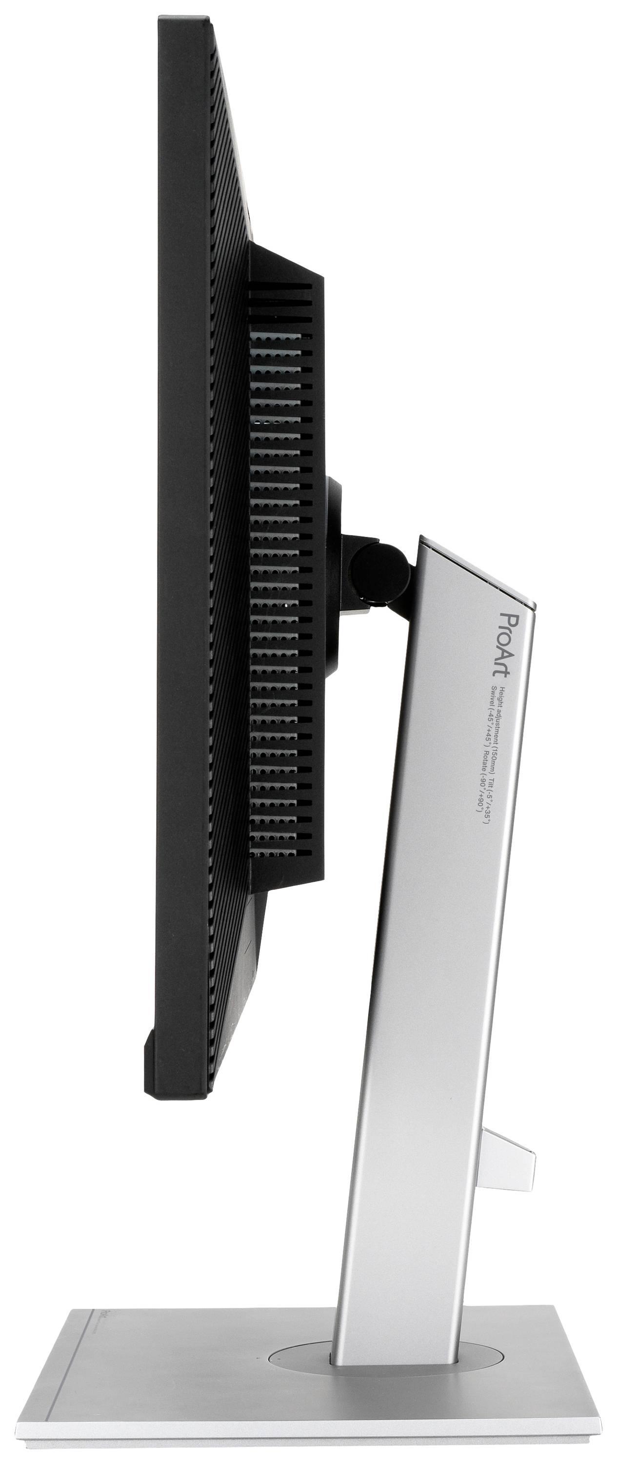 Een slanke monitor in zijaanzicht, gemonteerd op een elegante zilveren standaard, tegen een witte achtergrond.