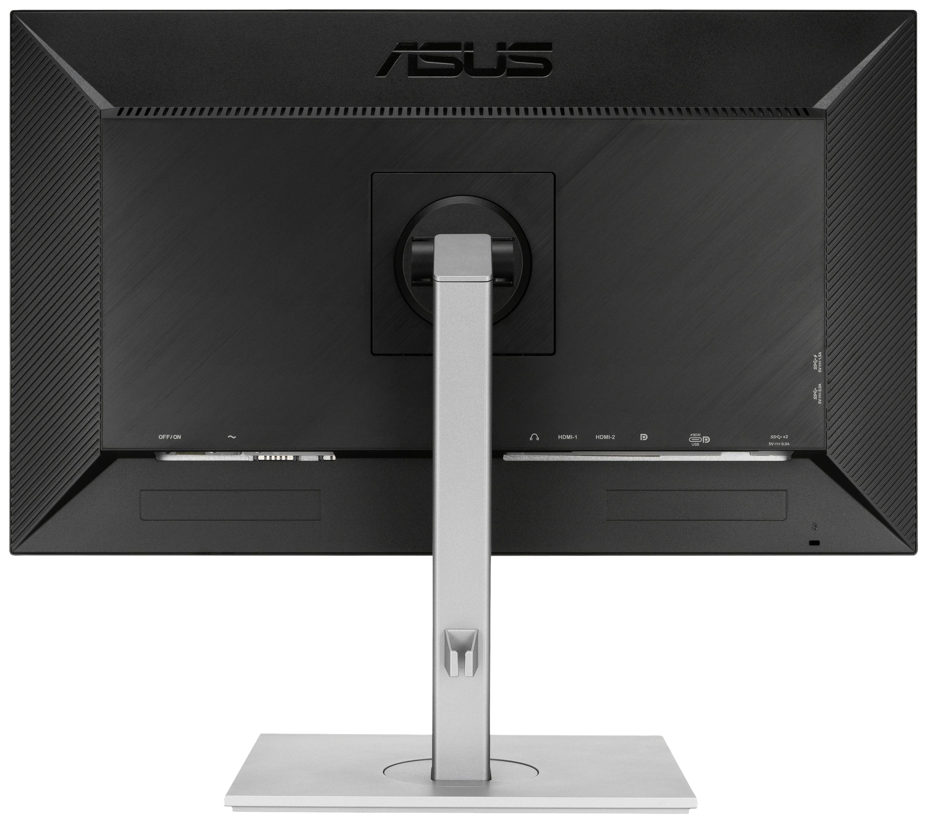 Een zwarte computermonitor van achteren, met een stabiele zilveren standaard. De merknaam is bovenaan herkenbaar.