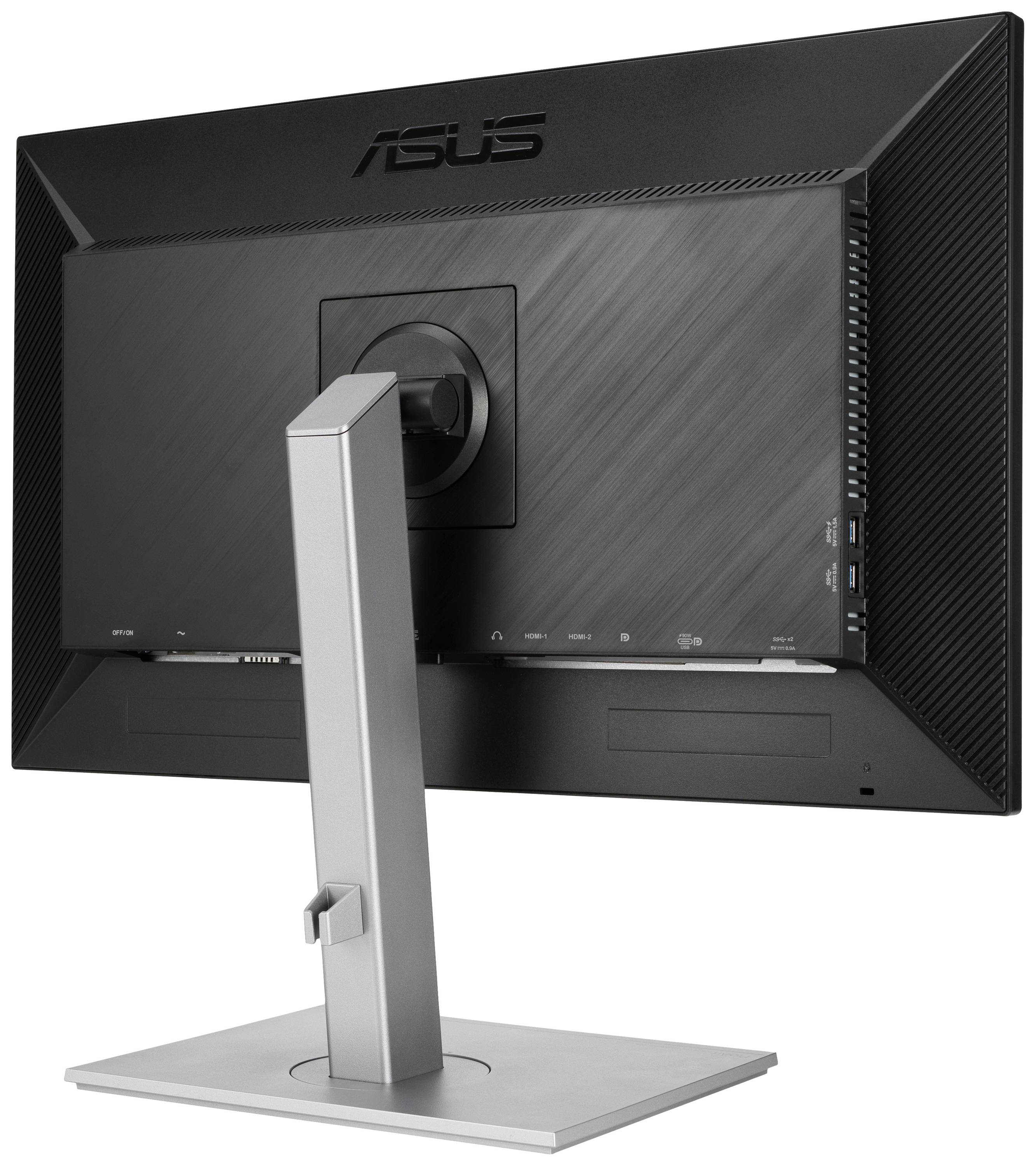 Een monitor van achteren met een eenvoudige zilveren standaard. Hij toont aansluitingen aan de rechterkant en heeft een moderne, dunne constructie.