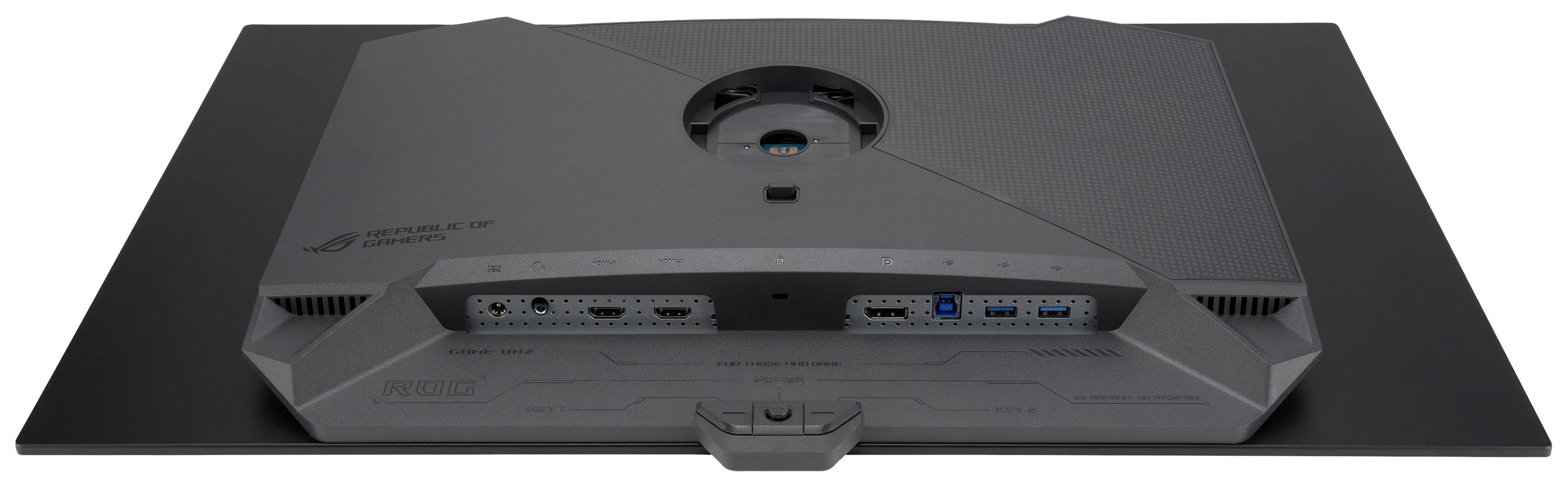 Achterkant van een computermonitor met meerdere aansluitingen: HDMI, DisplayPort, USB en stroomaansluiting.