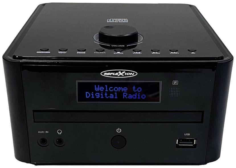 Zwart digitaal radio met display toont 'Welkom bij Digitale Radio'. Bovenaan volumeregelaar, voorzijde met AUX-IN, USB en CD-speler.