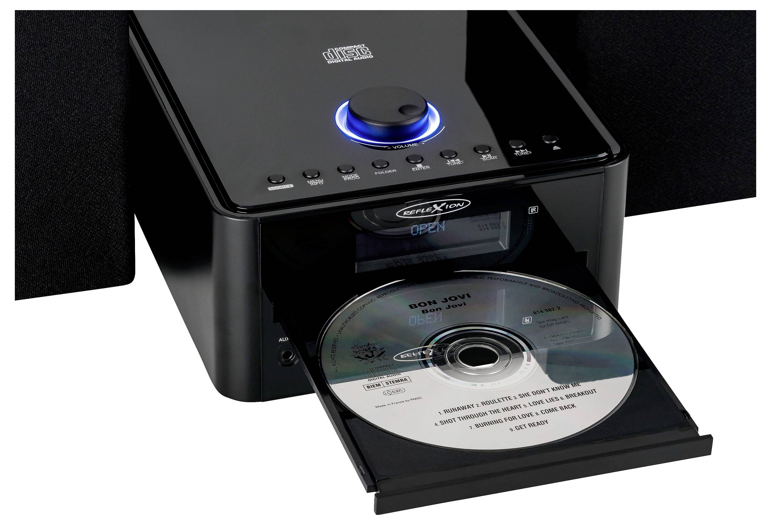 Zwarte CD/DVD-printer of duplicator met open disclade, waarop een bedrekte disc wordt geladen; blauwe verlichte bedieningsknop bovenop.