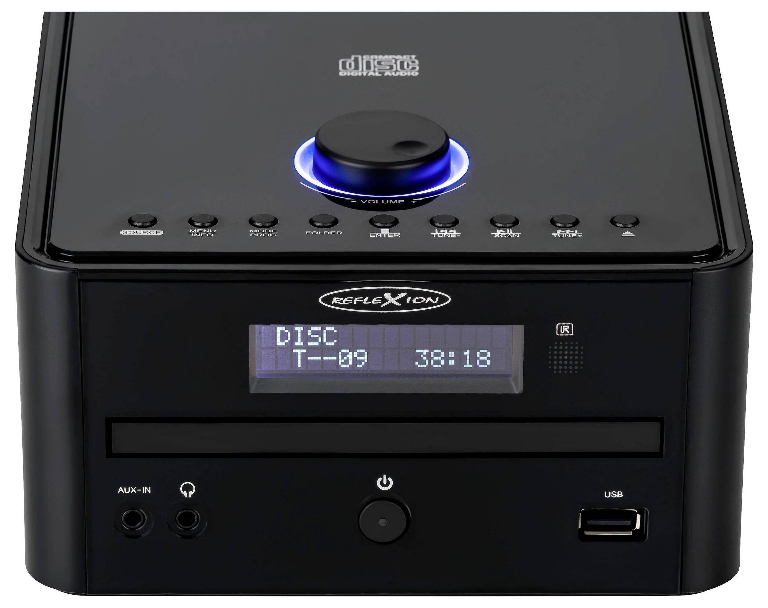 Black Reflexion bureaublad-cd-speler met gloeiende blauwe volumeregelaar, display met 'DISC T-09 38:18', en frontbedieningen inclusief AUX, koptelefoonaansluiting, aan/uit en USB-poort.