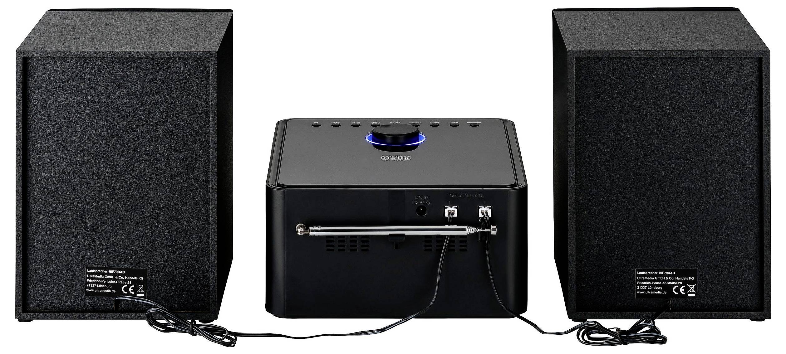 Zwart audiospeakersysteem met een kleine centrale bedieningseenheid, geflankeerd door twee bekabelde luidsprekers op een witte achtergrond.