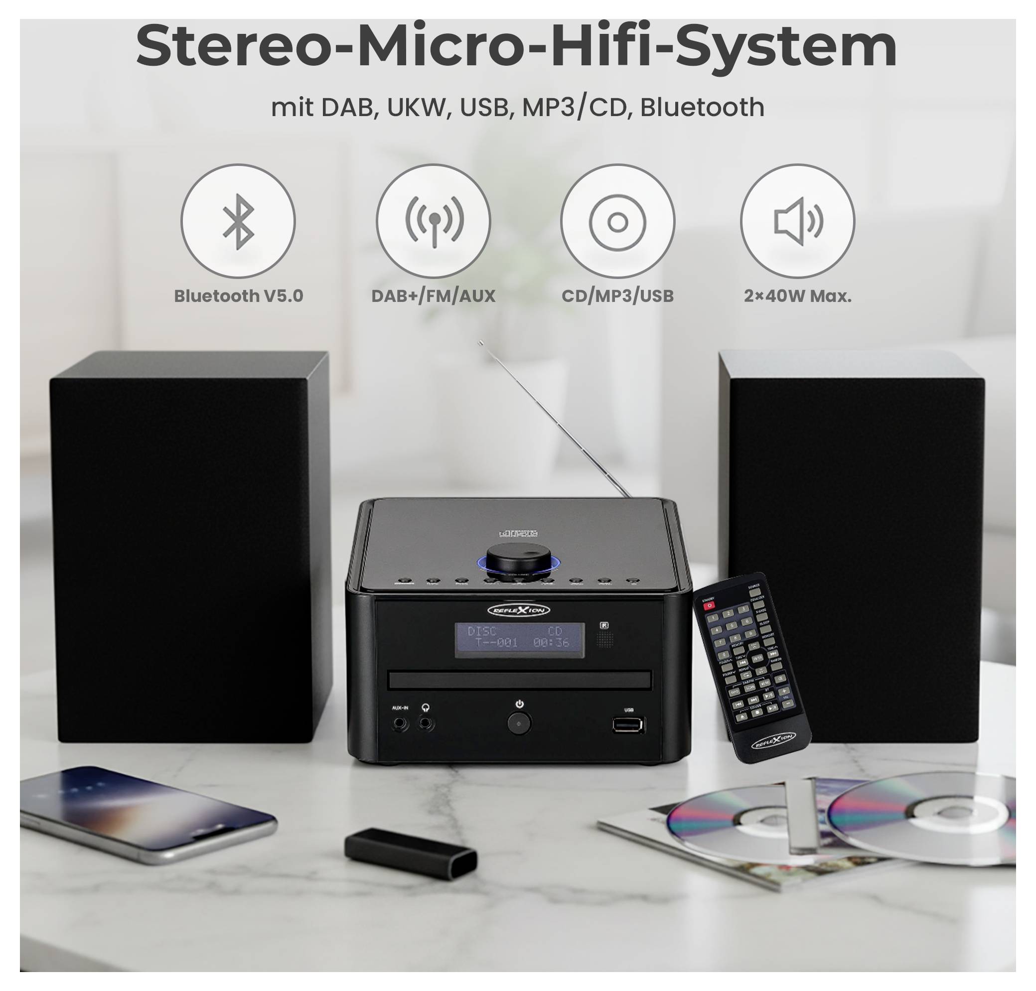 Stereo-Micro-Hifi-systeem met twee luidsprekers, centraal apparaat en afstandsbediening; ondersteunt Bluetooth, DAB+/FM, USB en CD/MP3, 2x40W max.