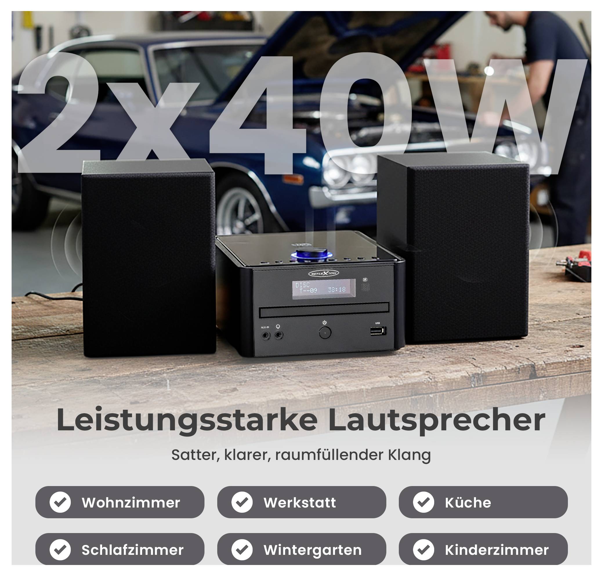 Reclame voor een luidspreakerset met mini-installatie en twee boxen; groot staat '2x40W', daaronder 'Krachtige luidsprekers' en inzetplaatsen zoals woonkamer, werkplaats en keuken.