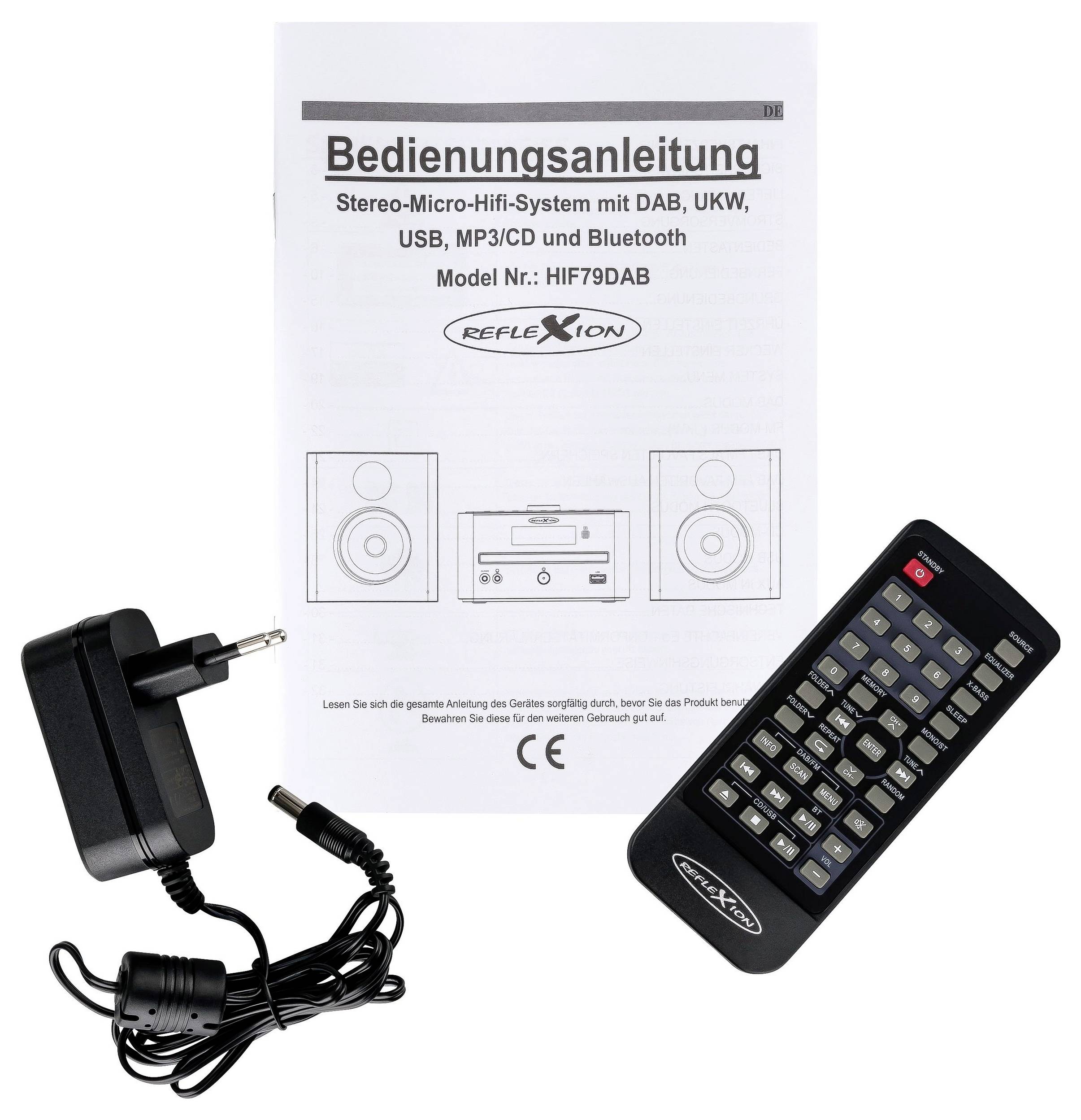 Bedieningshandleiding voor Stereo-Micro-Hifi-System HIF79DAB met afstandsbediening en voeding; afgebeeld zijn handboek, afstandsbediening en stekkervoeding.