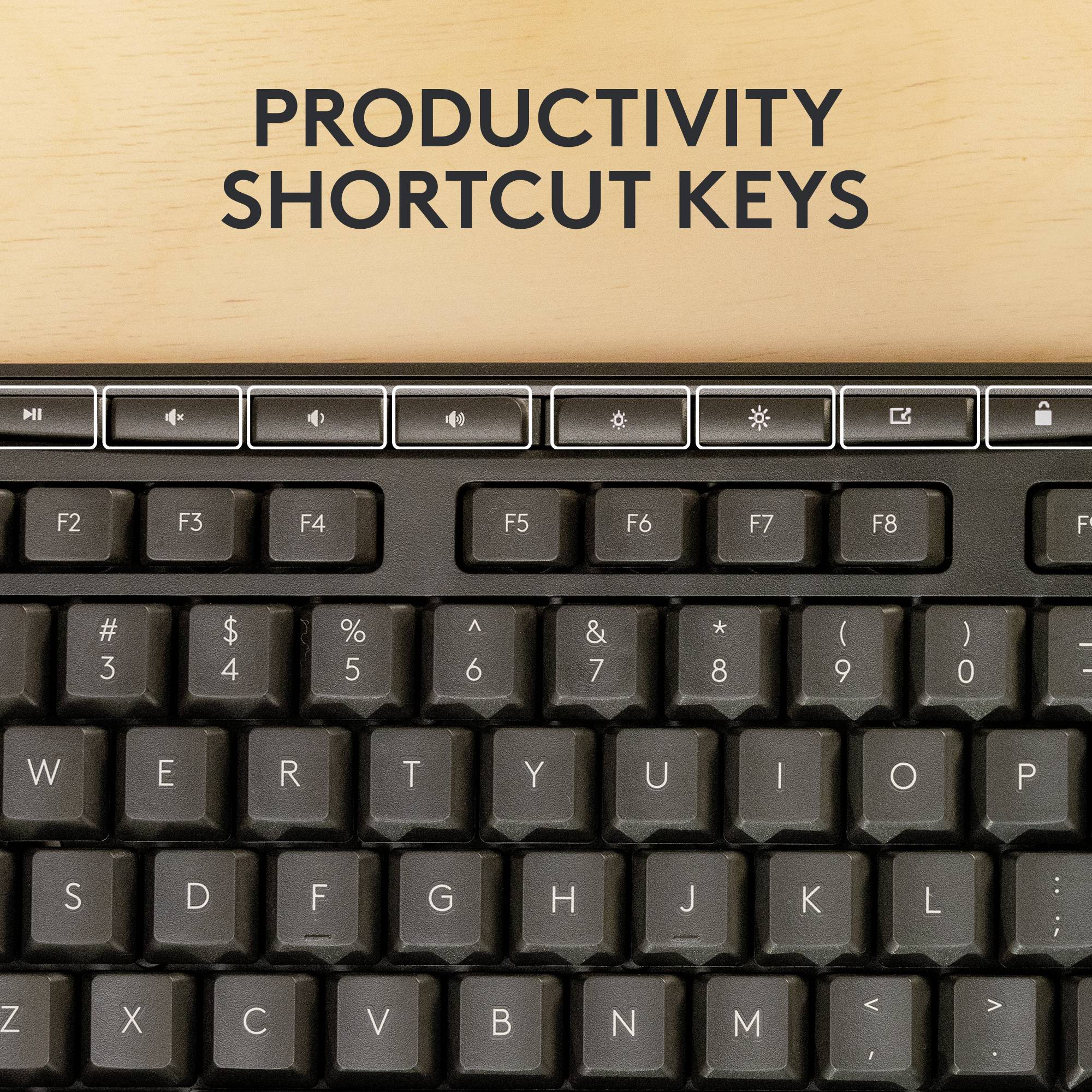 Een computerkeyboard met speciale functietoetsen. Daarboven staat de tekst 'Speciale toetsen voor productiviteit'.