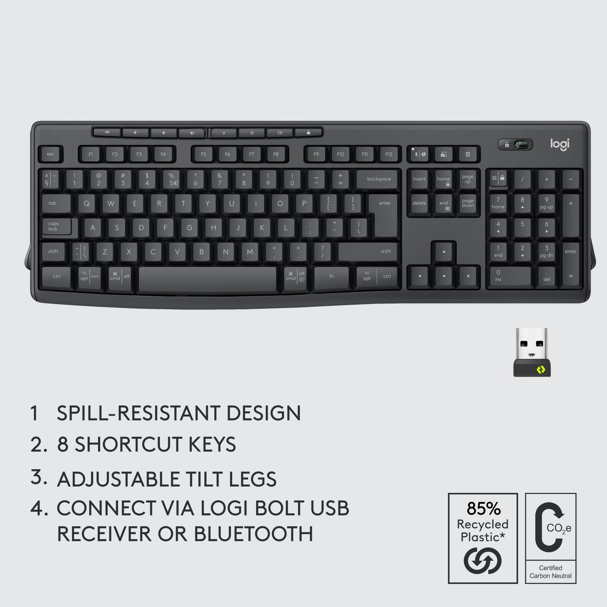Toetsenbord in het zwart met Duitse opschriften, biedt spatwaterbeschermd ontwerp, 8 speciale toetsen, verstelbare hoogte, verbinding via USB-ontvanger of Bluetooth.