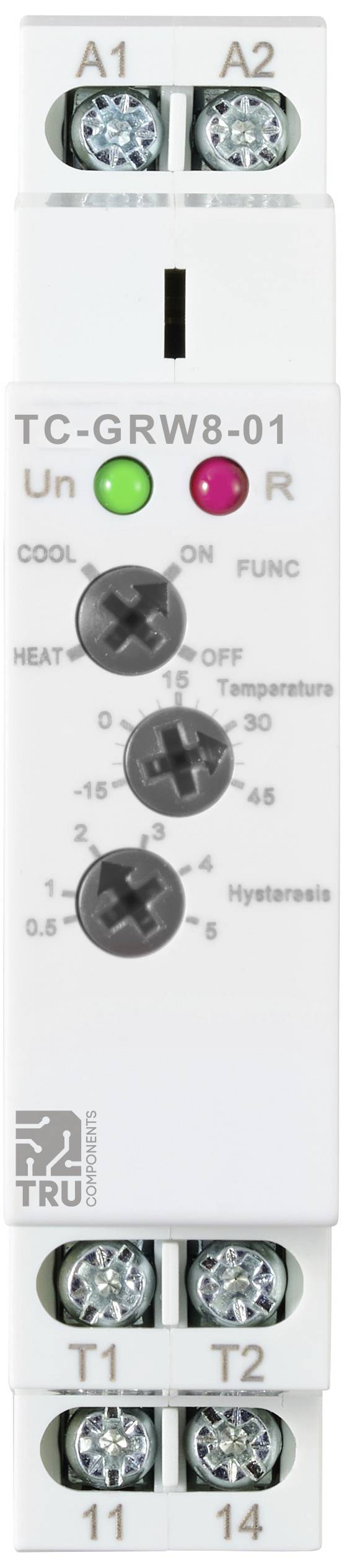 Elektronisch thermostaat-module met regelaars voor temperatuur en hysterese, LED-indicatoren voor koeling en verwarming, aansluitklemmen onderaan.