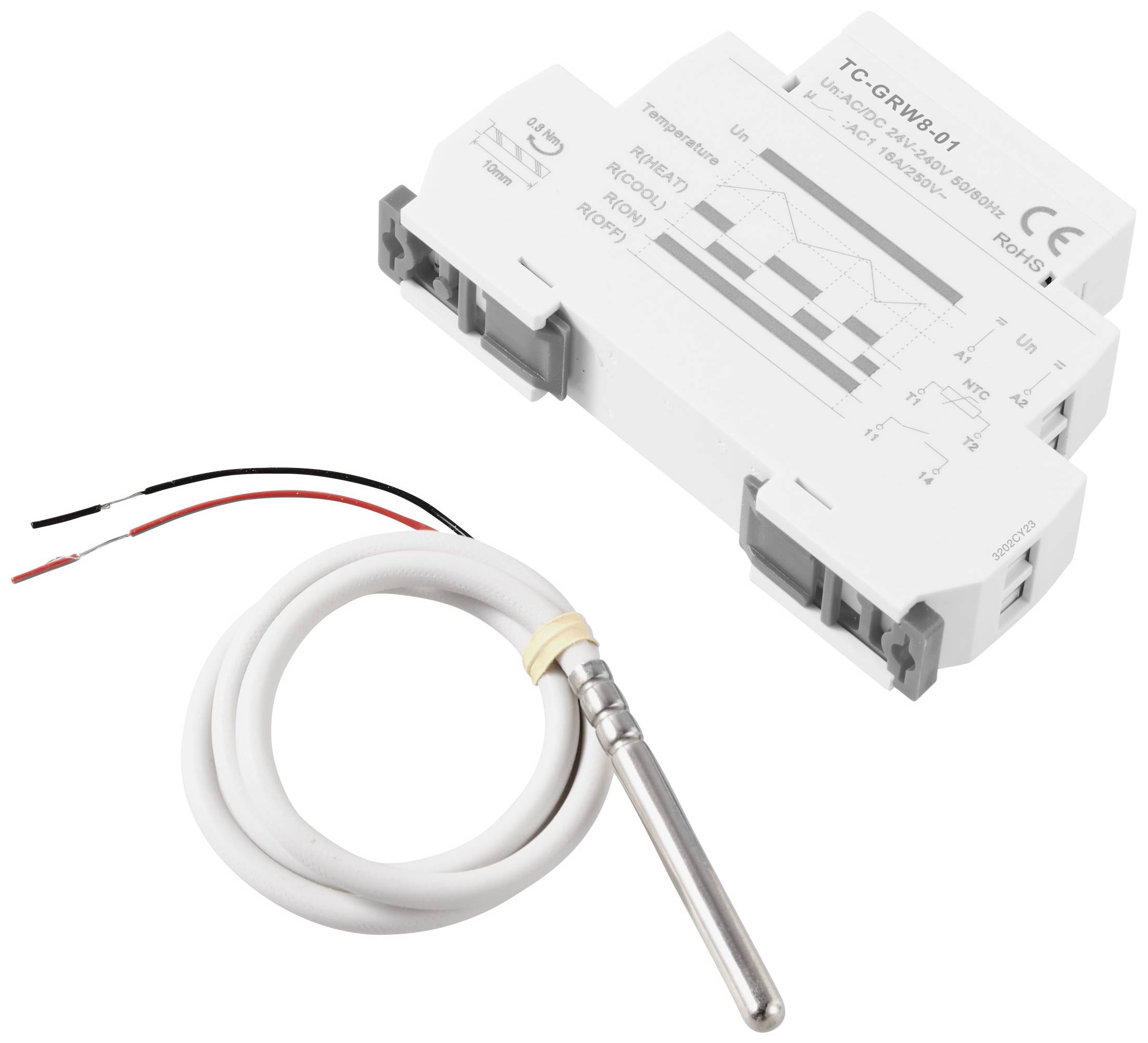 Een thermostaat-module met grafische aansluitingen boven en onder; ernaast een temperatuursensor met aangesloten kabel.