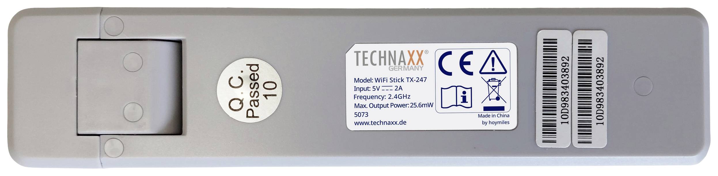 Achterkant van een Technaxx WLAN-stick met etiket. Toont modelnummer TX-207, ingangsvermogen 12V-2A, frequentie 5,8 GHz, CE- en RoHS-symbolen.
