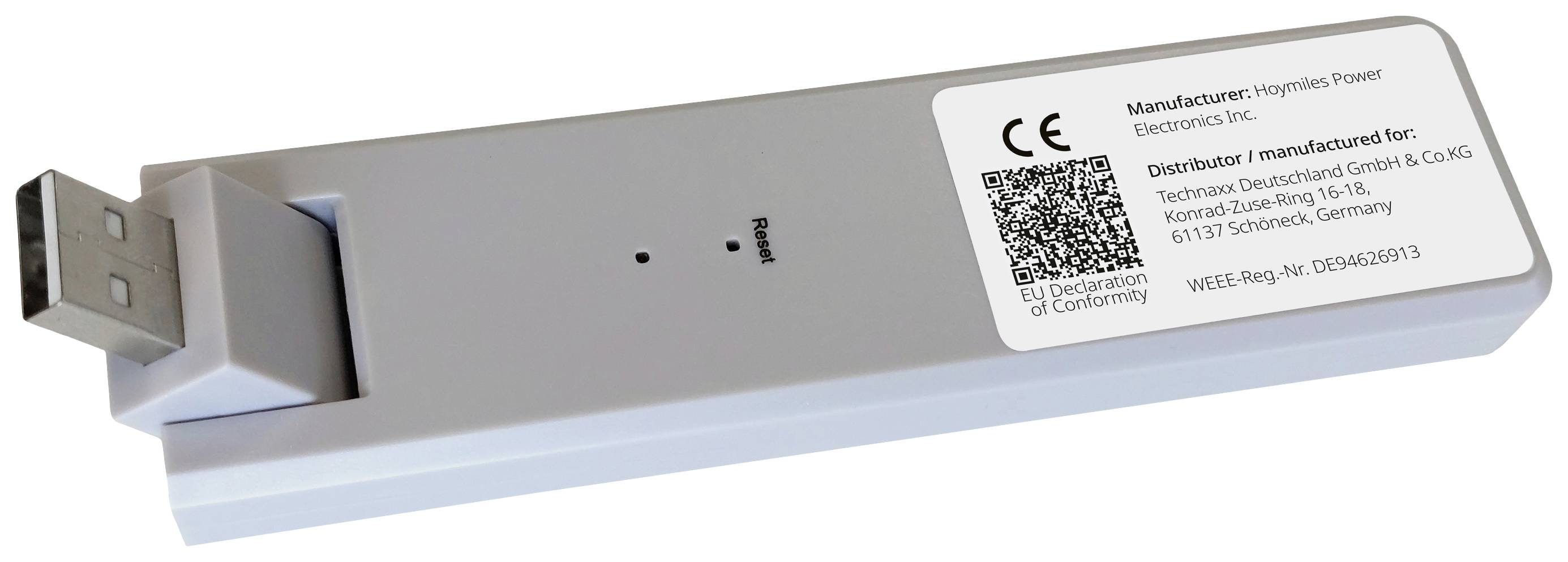 USB-lader van 'Hoplite Power Electronics Inc.', voorzien van CE-markering en fabrikantgegevens op het etiket.