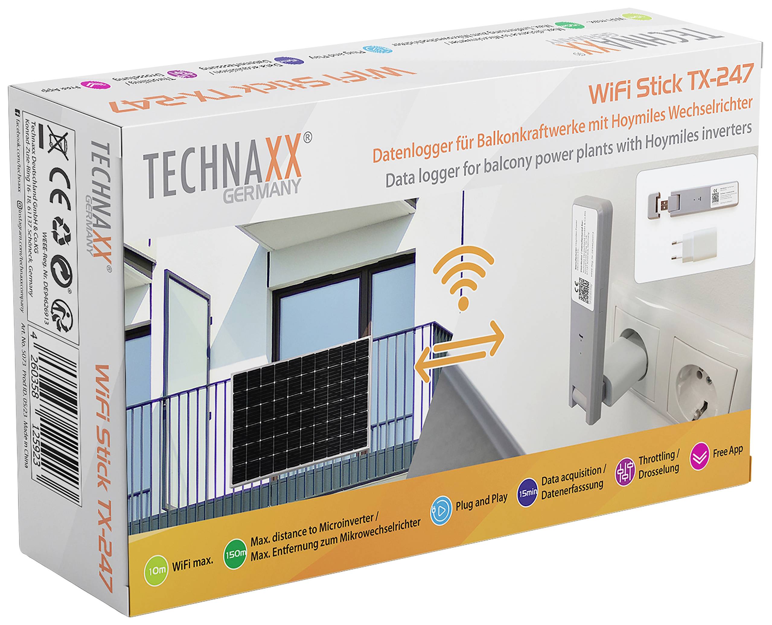 Verpakking van een TECHNAXX WiFi Stick TX-247. Geëtiketteerd met functies zoals dataregistratie voor zonne-installaties en app-compatibiliteit.