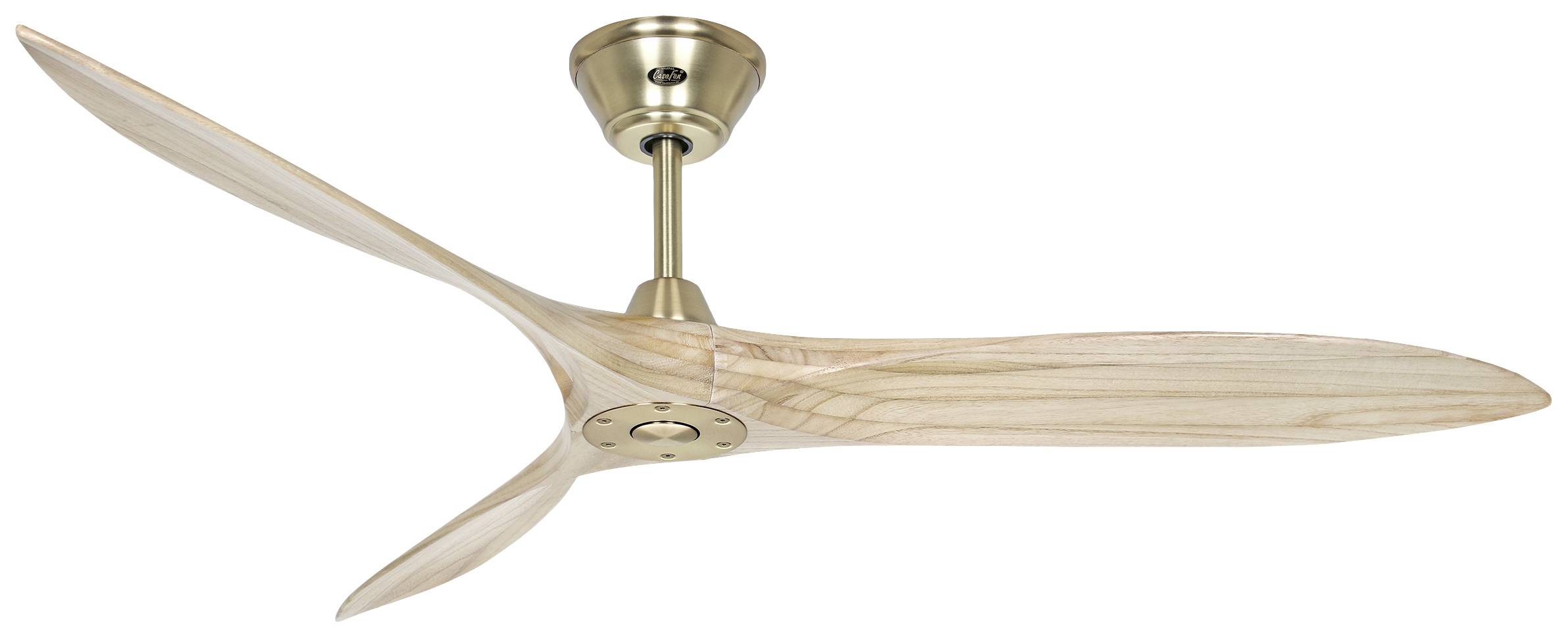 Een plafondventilator met drie houten vleugels en een messing motor. Geschikt voor moderne woninginrichting.