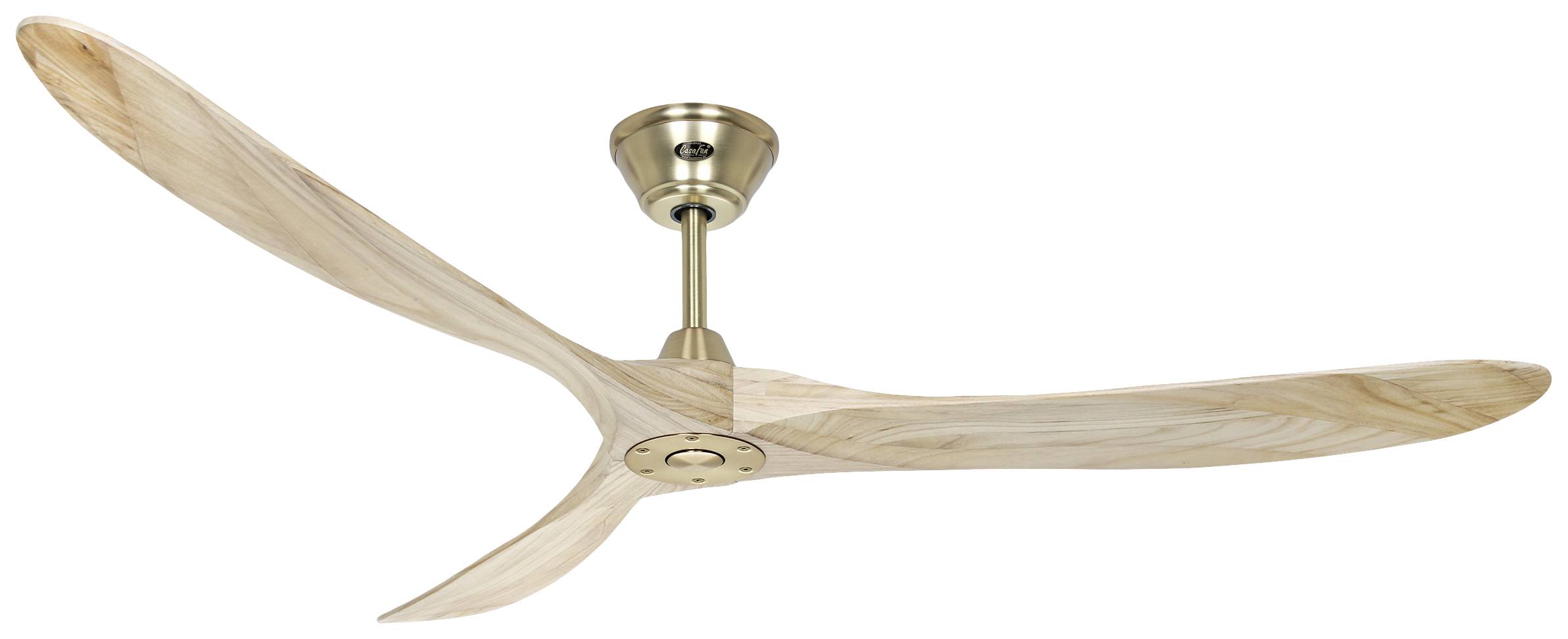 Plafondventilator met drie houten vleugels en een goudkleurige metalen behuizing, gemonteerd aan een messing stang.