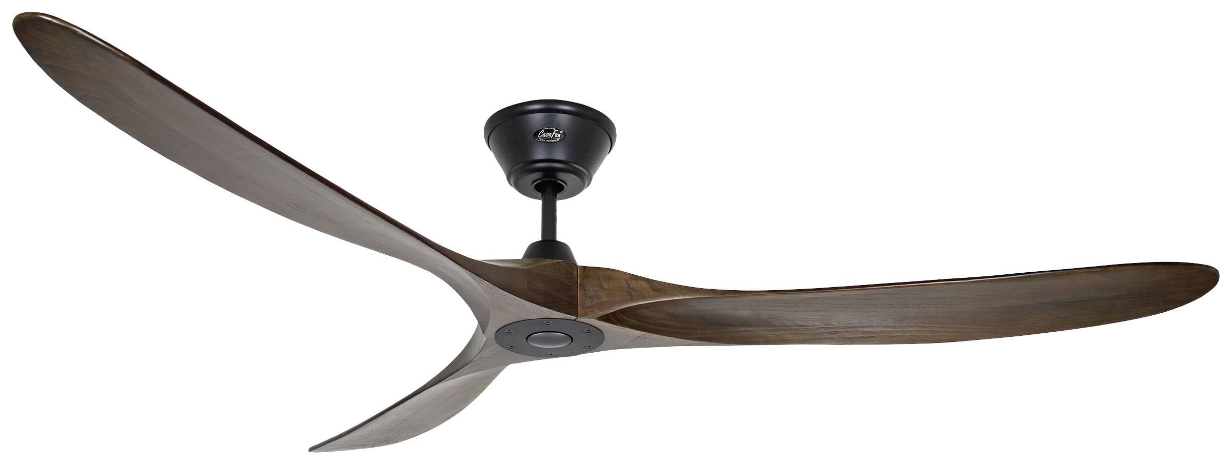 Bruine plafondventilator van hout met drie aerodynamische vleugels en een zwart bevestigingselement aan het plafond.