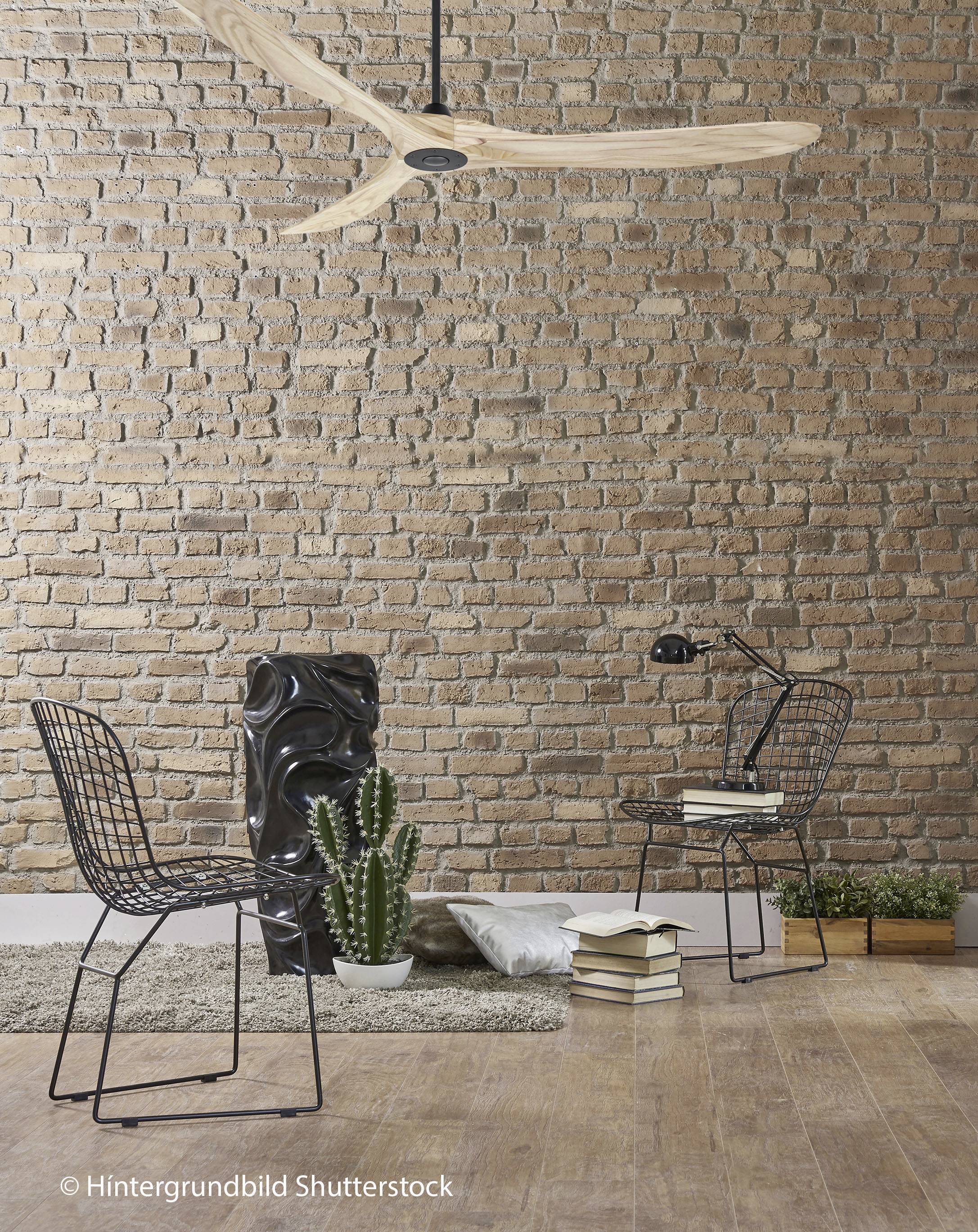 Gezellige woonkamer met bakstenen muur. Twee zwarte stoelen, een cactus en decoratie op een houten vloer. Een plafondventilator hangt boven.