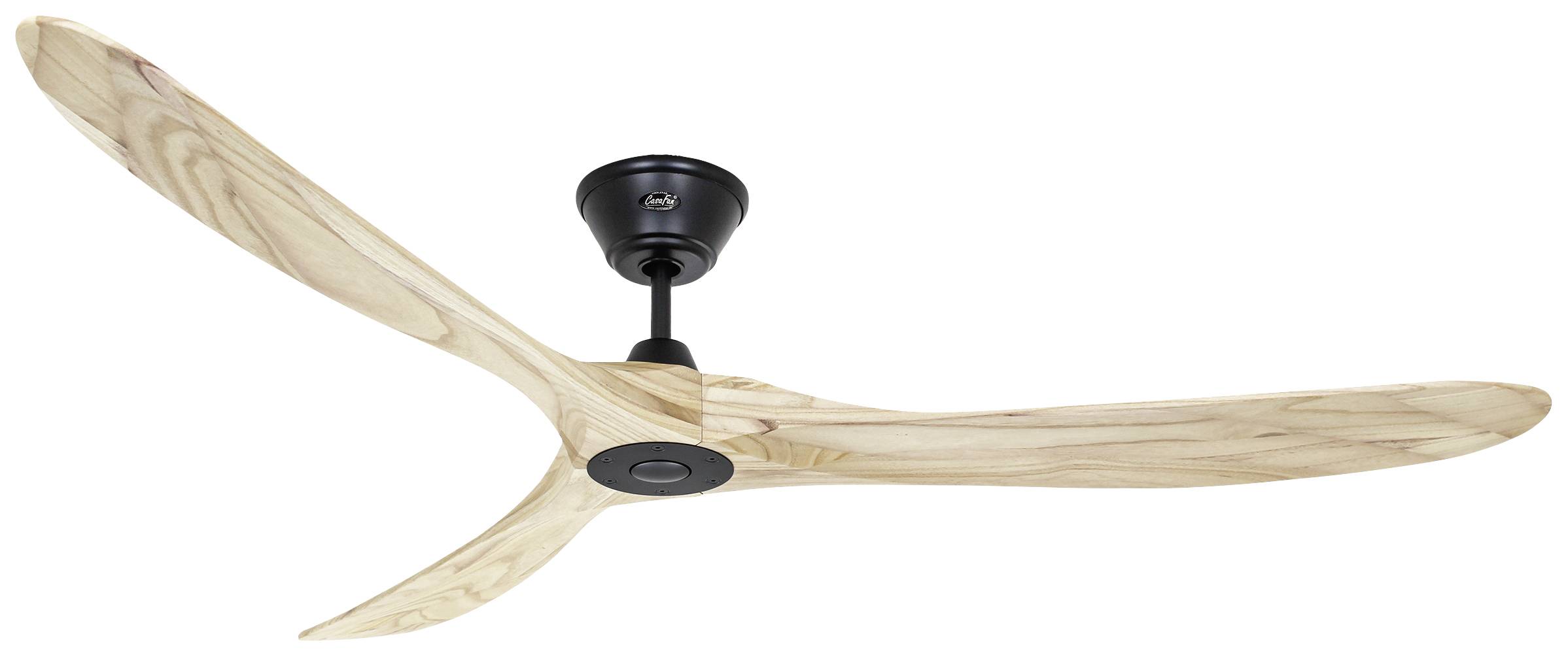 Plafondventilator met drie lange, lichte houten bladen en een donkere houder aan het plafond gemonteerd, modern en minimalistisch in ontwerp.