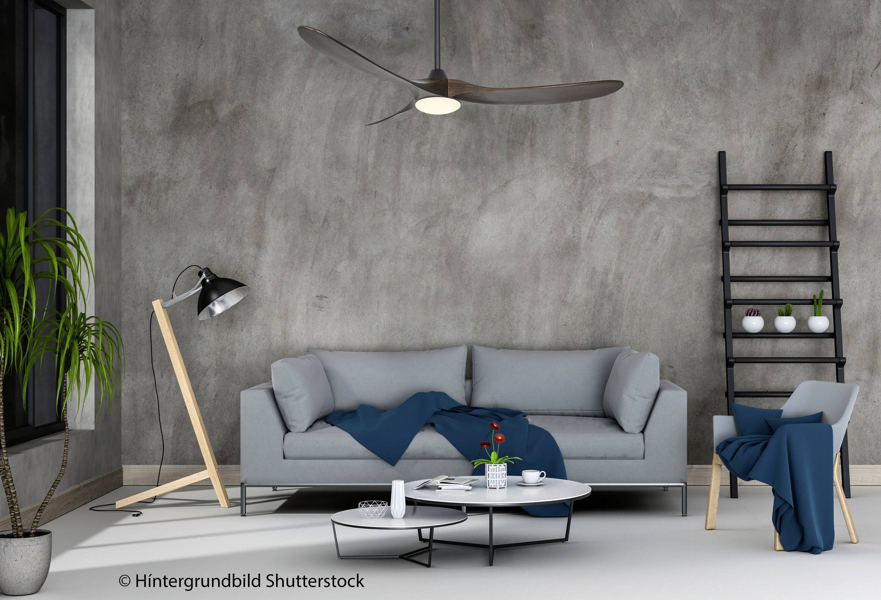 Stijlvol ingericht woonkamer met een grijze bank, salontafel en lamp voor een betonnen muur. Planten en een plaid completeren de sfeer.