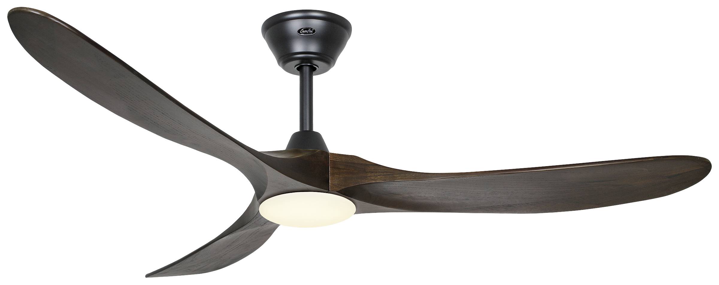 Plafondventilator met drie donkere houten bladen en geïntegreerd LED-licht, gemonteerd aan een zwarte beugel.