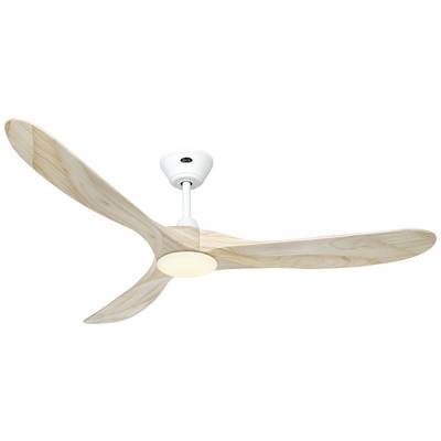 Plafondventilator met lichte houten afwerking, drie bladen, verlicht middendeel. Modern design voor binnenruimtes.