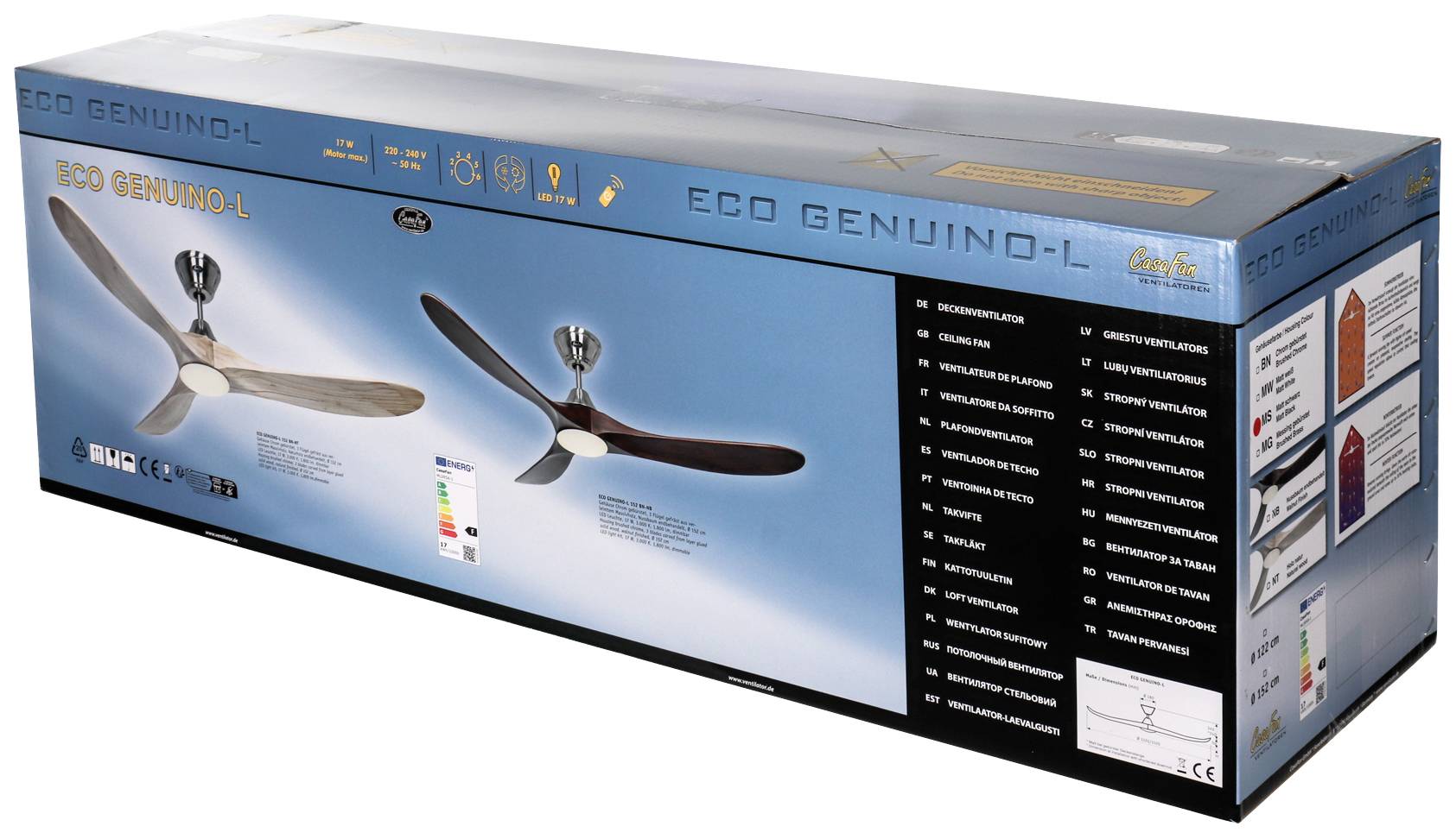 Ventilaterverpakking met product 'ECO Genuino-L', toont afbeelding van een plafondventilator met drie houten bladen. Energiezuinigheid wordt benadrukt.