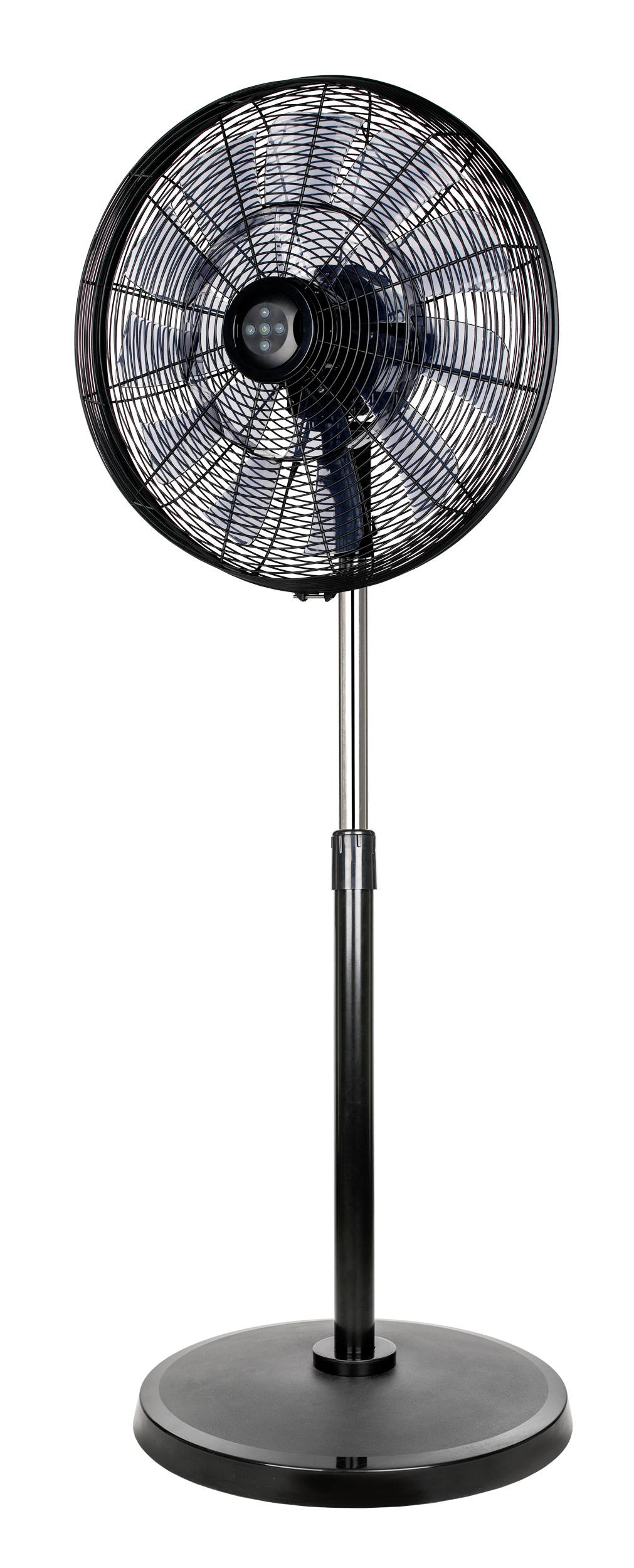 Zwarte staande ventilator op witte achtergrond. De ventilator heeft een rond beschermrooster en is in hoogte verstelbaar.