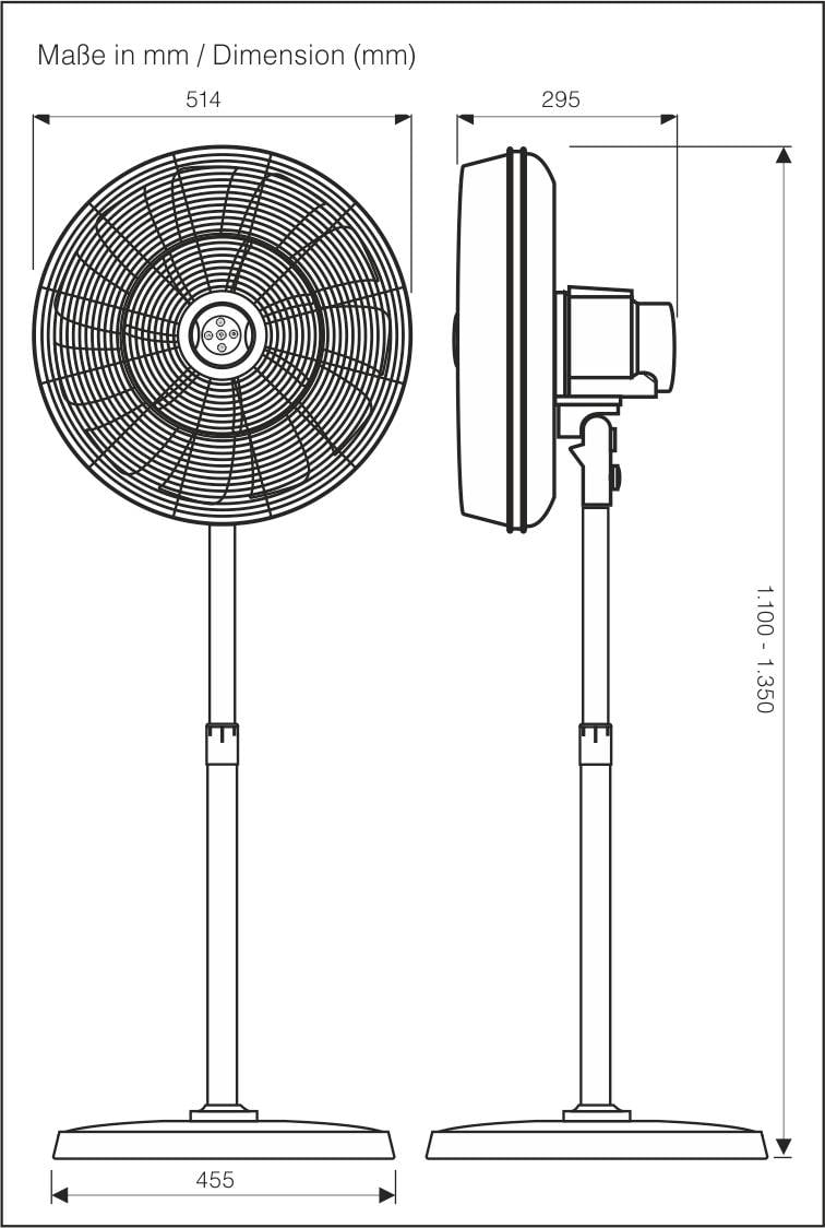 Schets van een staande ventilator met afmetingen: hoogte 1100-1350 mm, breedte 455 mm, diepte 295 mm, ventilatordiameter 514 mm.