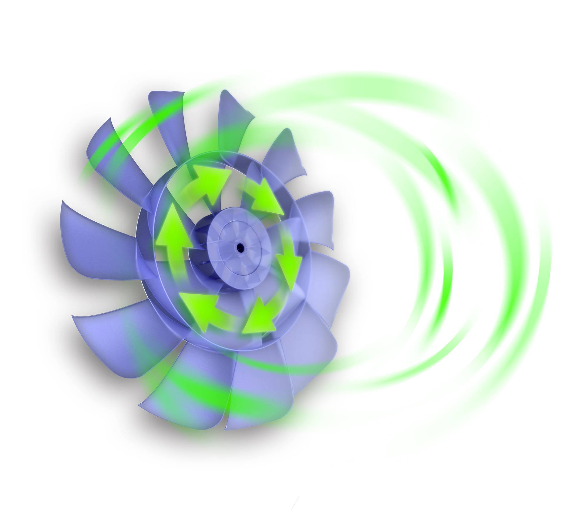 Blauwe ventilator met groene pijlen geeft de luchtstromingsrichting aan. De pijlen symboliseren de luchtcirculatie rond de schoepen.