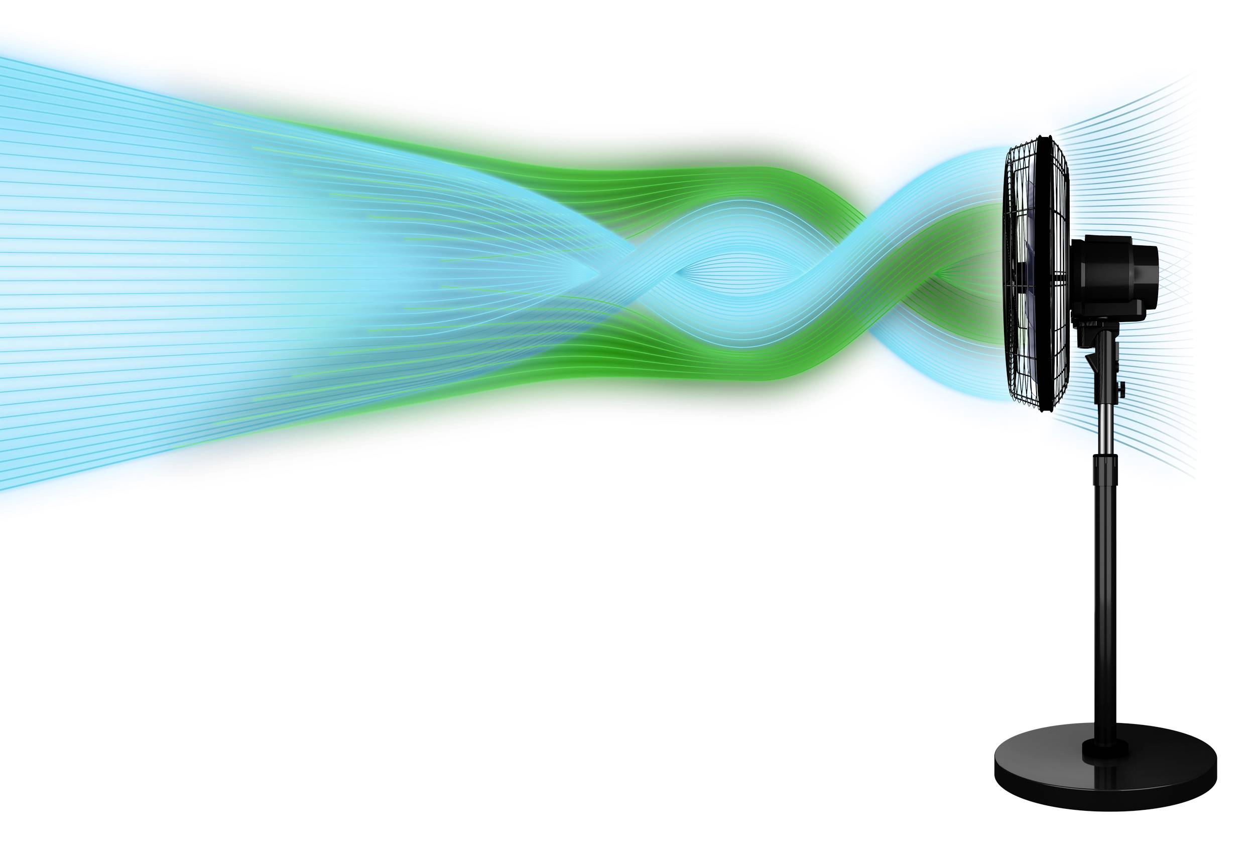 Een zwarte ventilator blaast gekleurde luchtstromingen die een gebogen, verweven effect creëren.