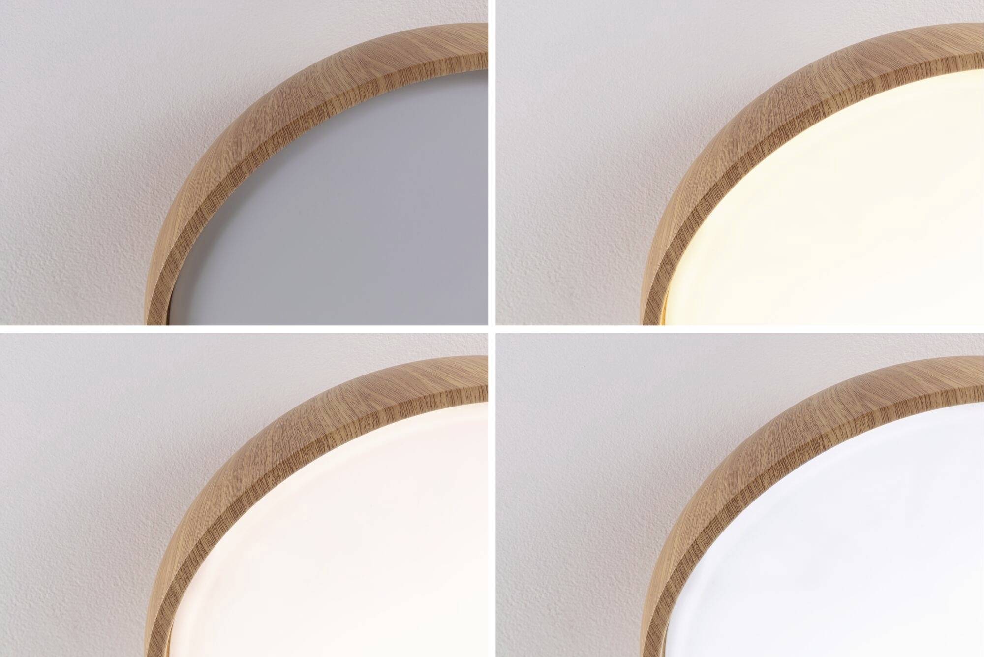 Vier opnamen van een ronde plafondlamp met houten lijst, die verschillende lichtintensiteiten en kleurtemperaturen laat zien.