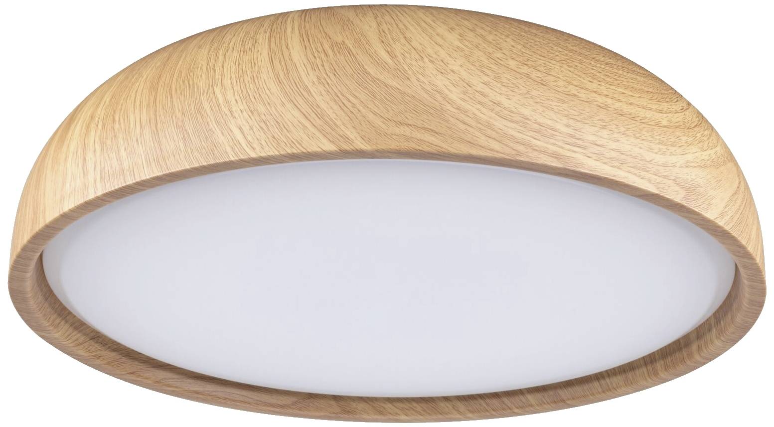 Ronde plafondlamp met houtlook en witte diffuser, geschikt voor moderne woonruimtes.