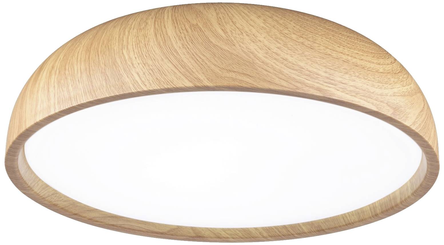 Afbeelding van een ronde plafondlamp met een frame in houtlook en een witte lampenkap die zacht, gedempt licht verspreidt.