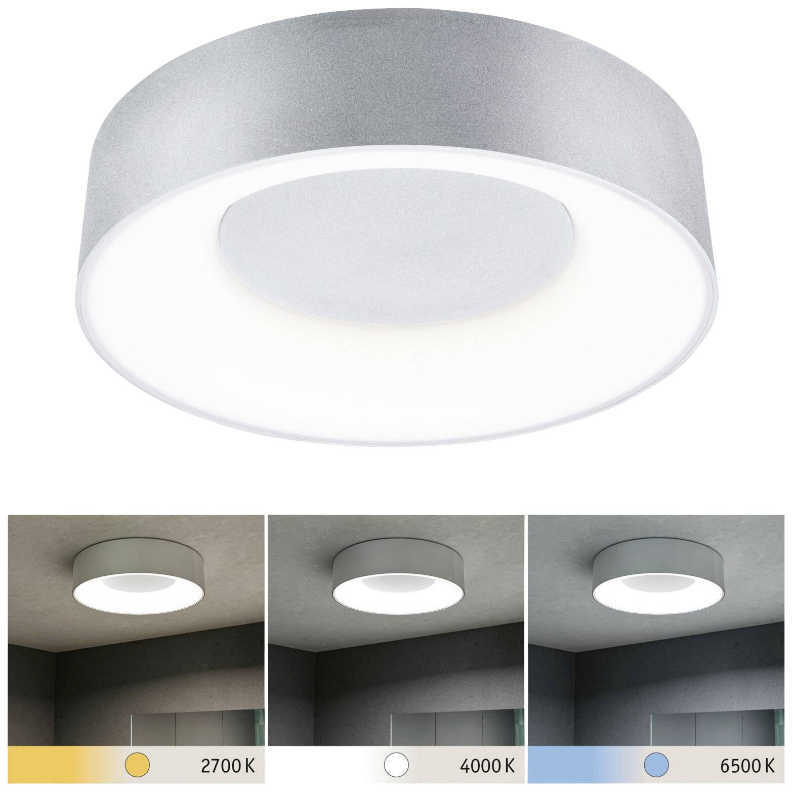 Ronde LED-plafondlamp in zilver, toont drie kleurtemperaturen: warmwit (2700 K), neutraalwit (4000 K), koudwit (6500 K).