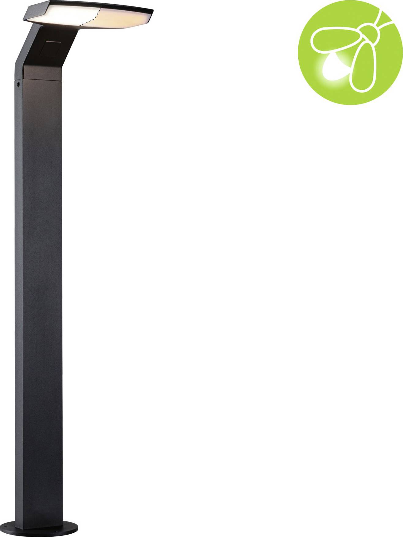 Een moderne, zwarte buitenlamp staat rechtop. Rechtsboven in het beeld is een groen symbool met een gestileerde gloeilamp afgebeeld.