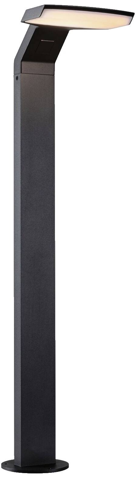 Een moderne, zwarte staande lamp met een rechthoekige kop die naar beneden schijnt. Ideaal voor buiten- of tuinruimtes.