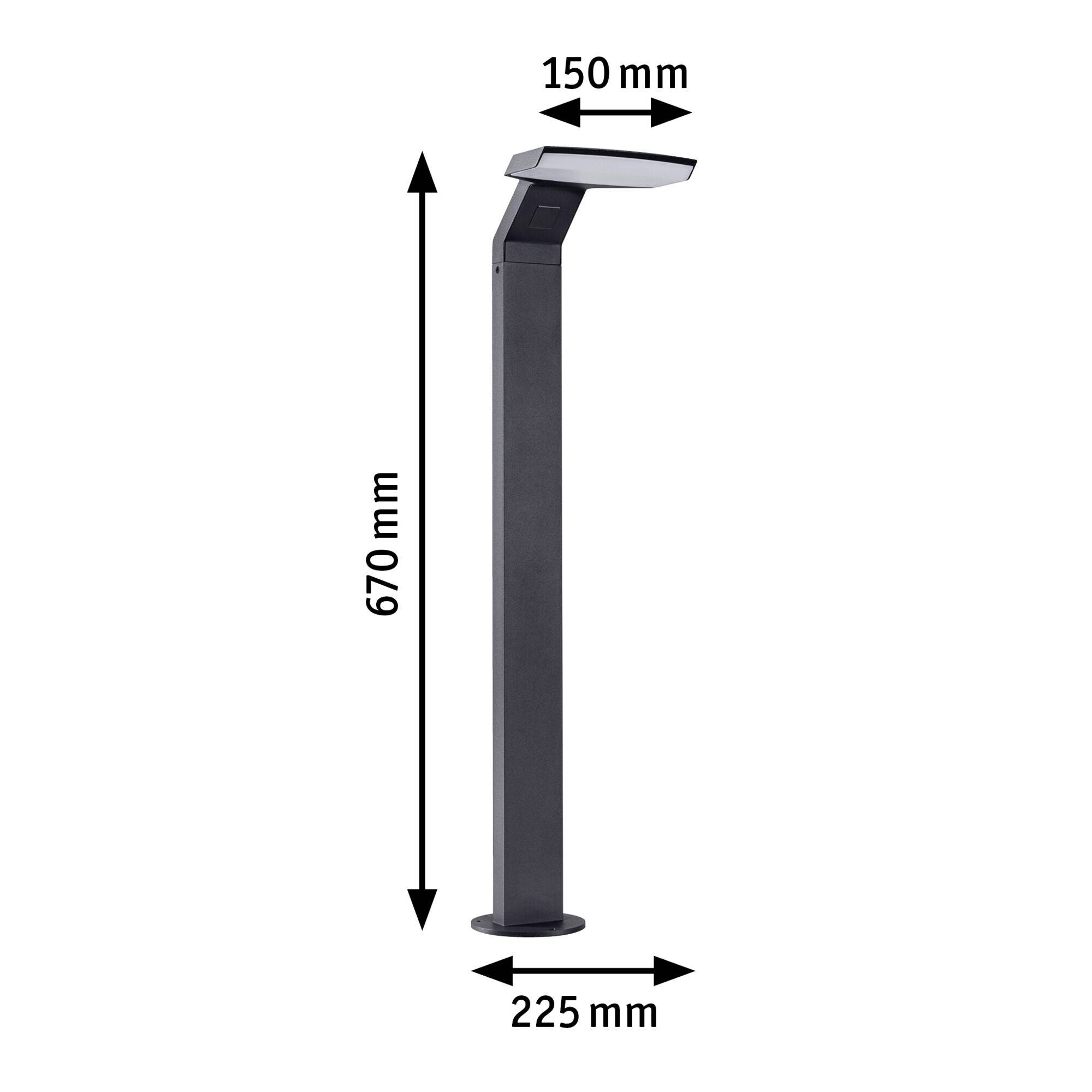 'Staande lamp met afmetingen: 670 mm hoog, 150 mm breed, 225 mm diep. Moderne zwarte buitenlamp.'