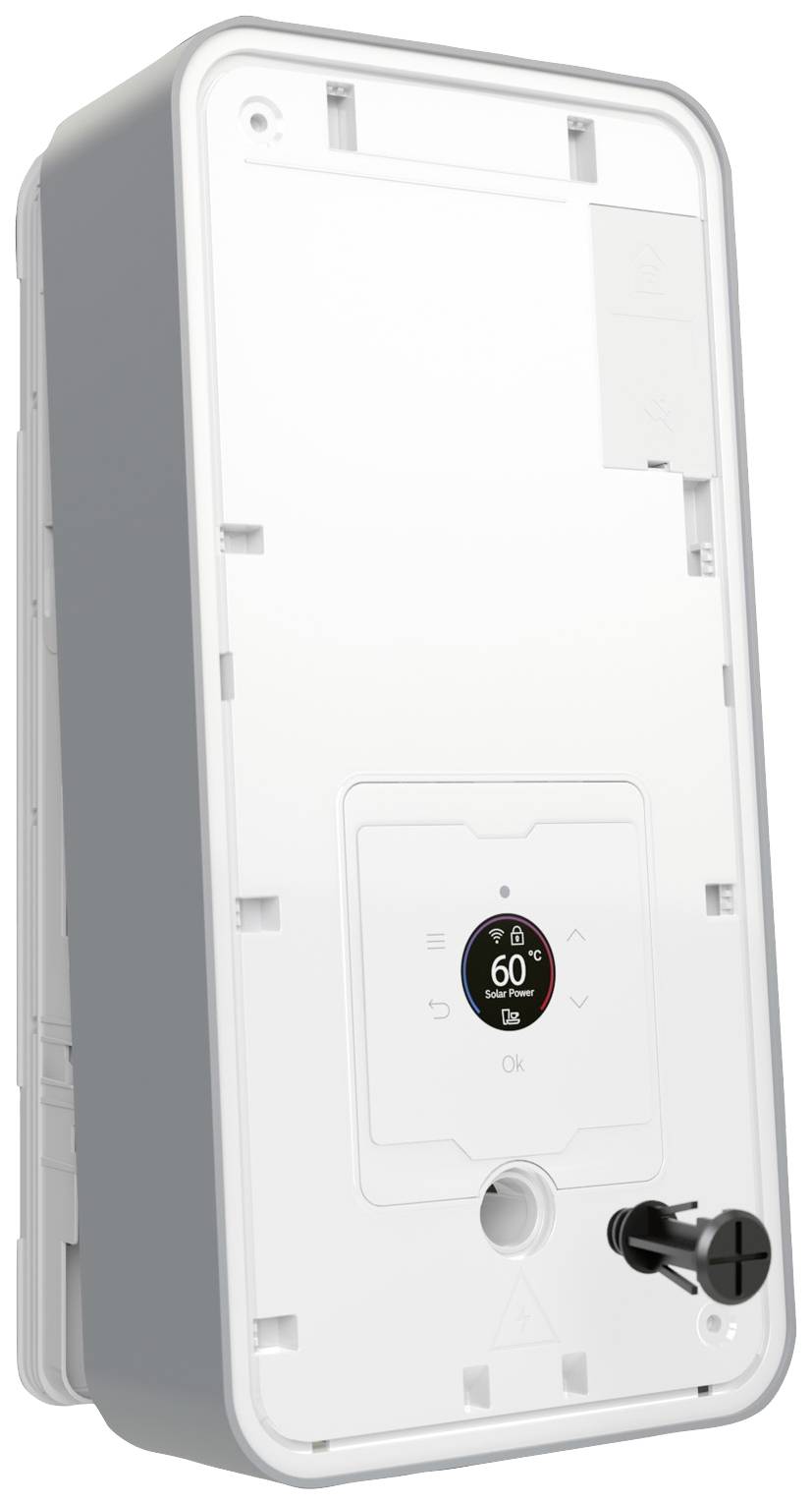 Een elektronisch thermostaat-apparaat in het wit met een zwarte draaiknop en een digitaal display toont een temperatuur van 60 graden.