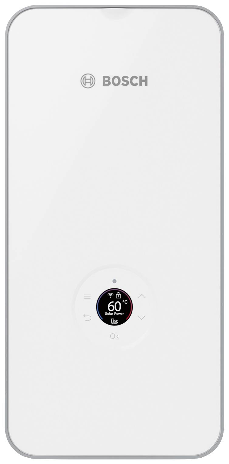 Witte Bosch-gasverwarming met een klein display in het midden, toont de temperatuur '60°C'. Strak, modern design.